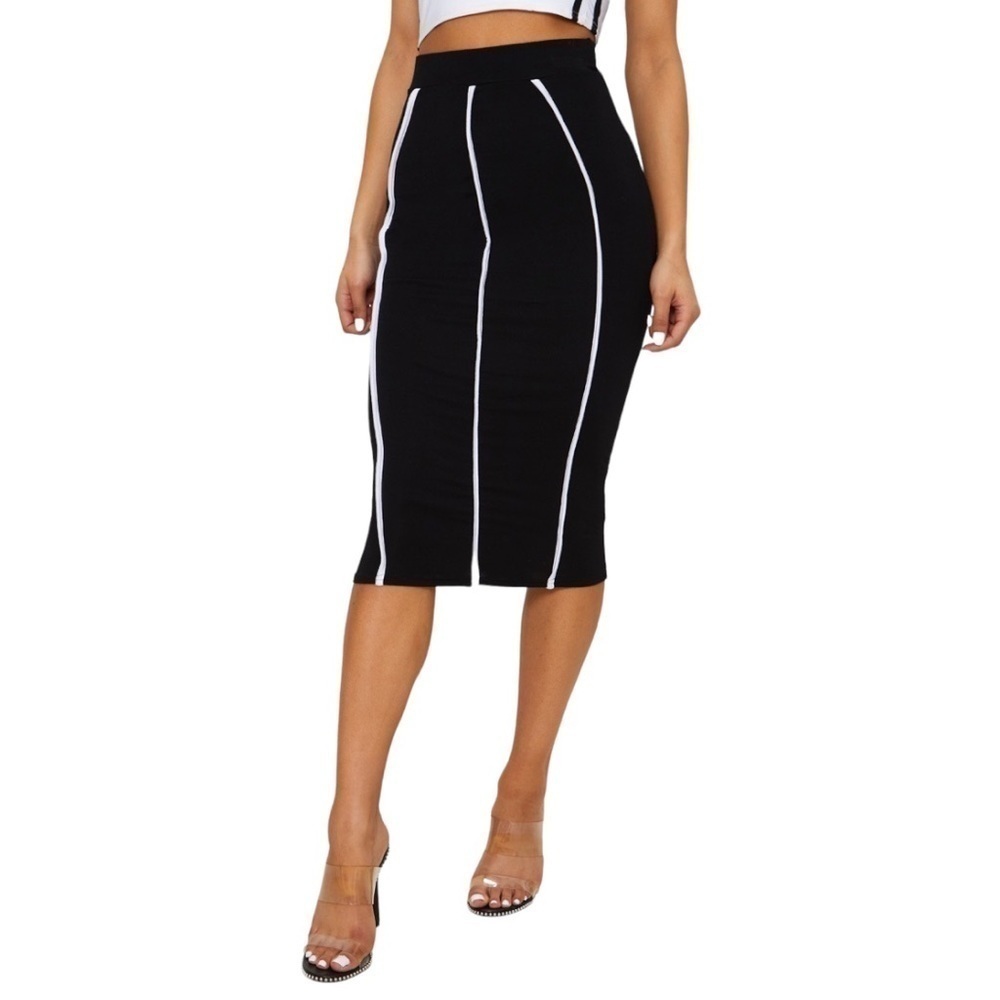 PrettyLittleThing Black Midi Pencil Skirt Size 6 White Piping Bodycon NWT